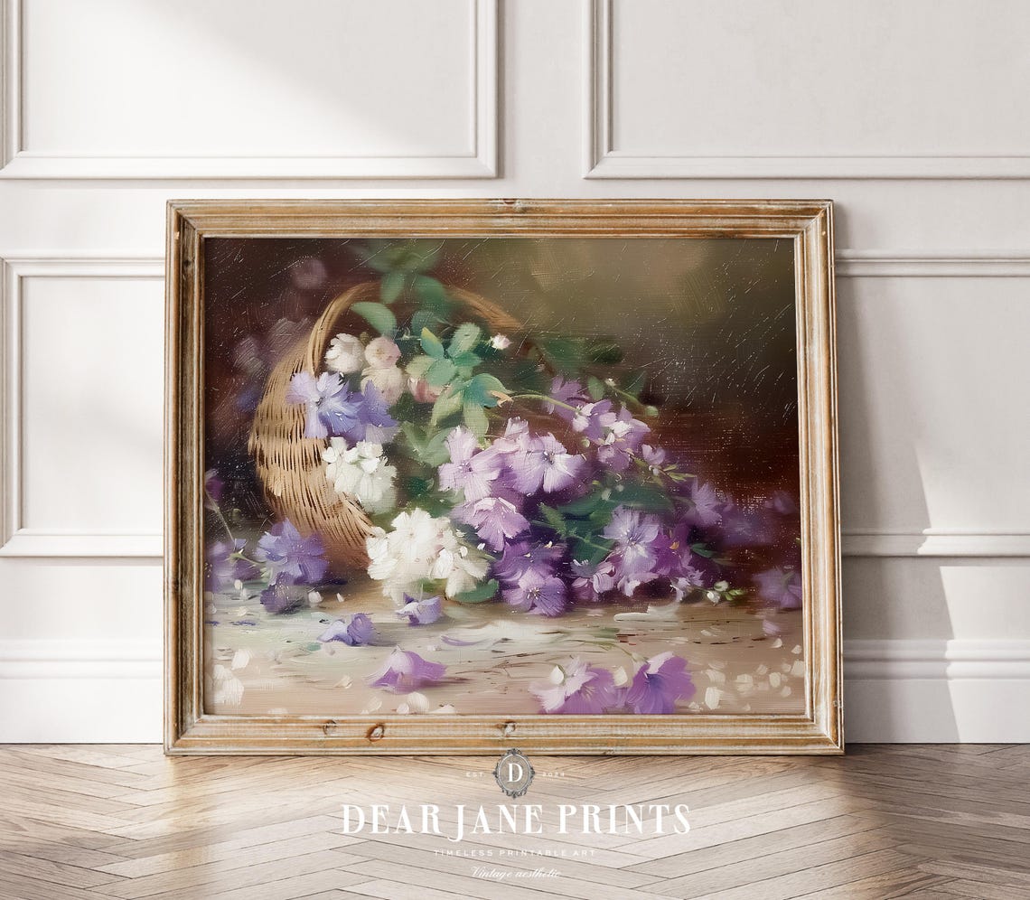 Tipped Basket Spilling Purple and White Flowers Vintage Still Poster - Image 2