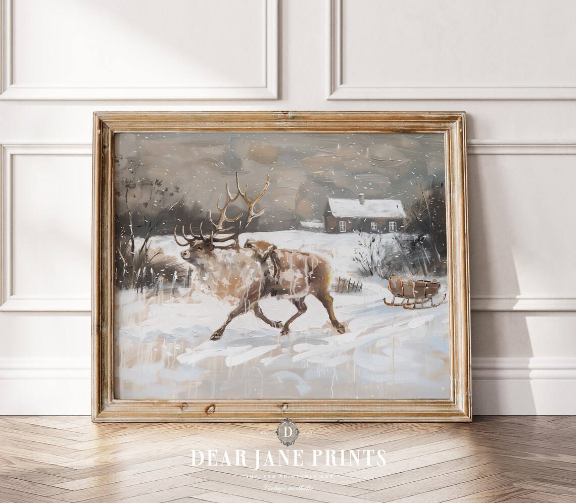 Reindeer Running Through Snow Near Sleigh And Old Farmhouse Poster
