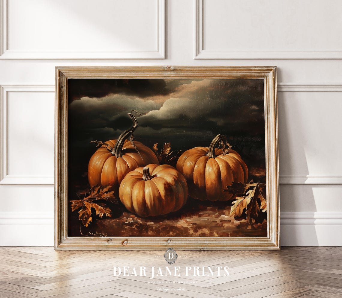 Three Orange Pumpkins Autumn Night Sky Vintage Fall Harvest Poster - Image 2