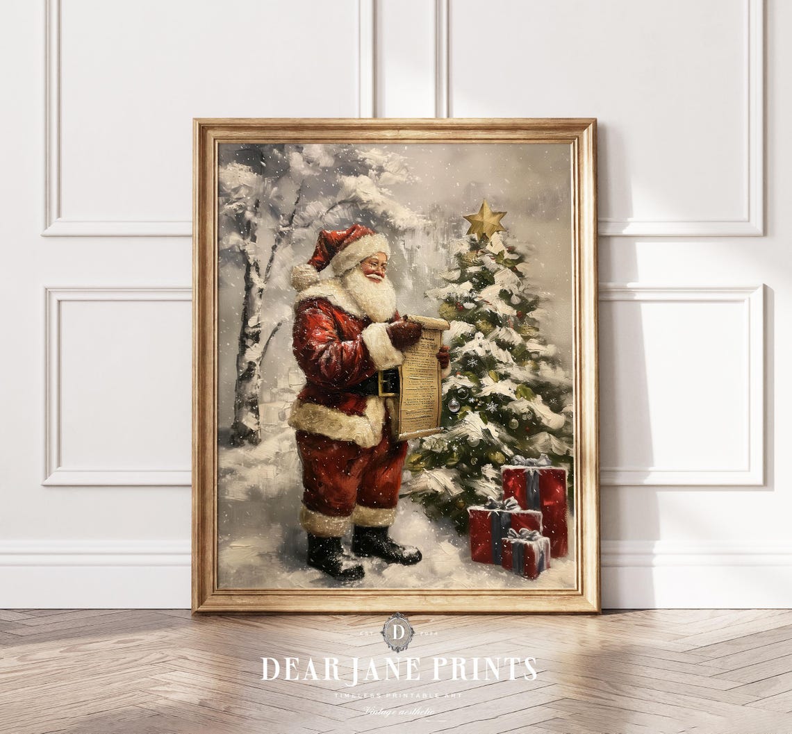 Santa Claus Checking His List Beside Snowy Christmas Tree Poster