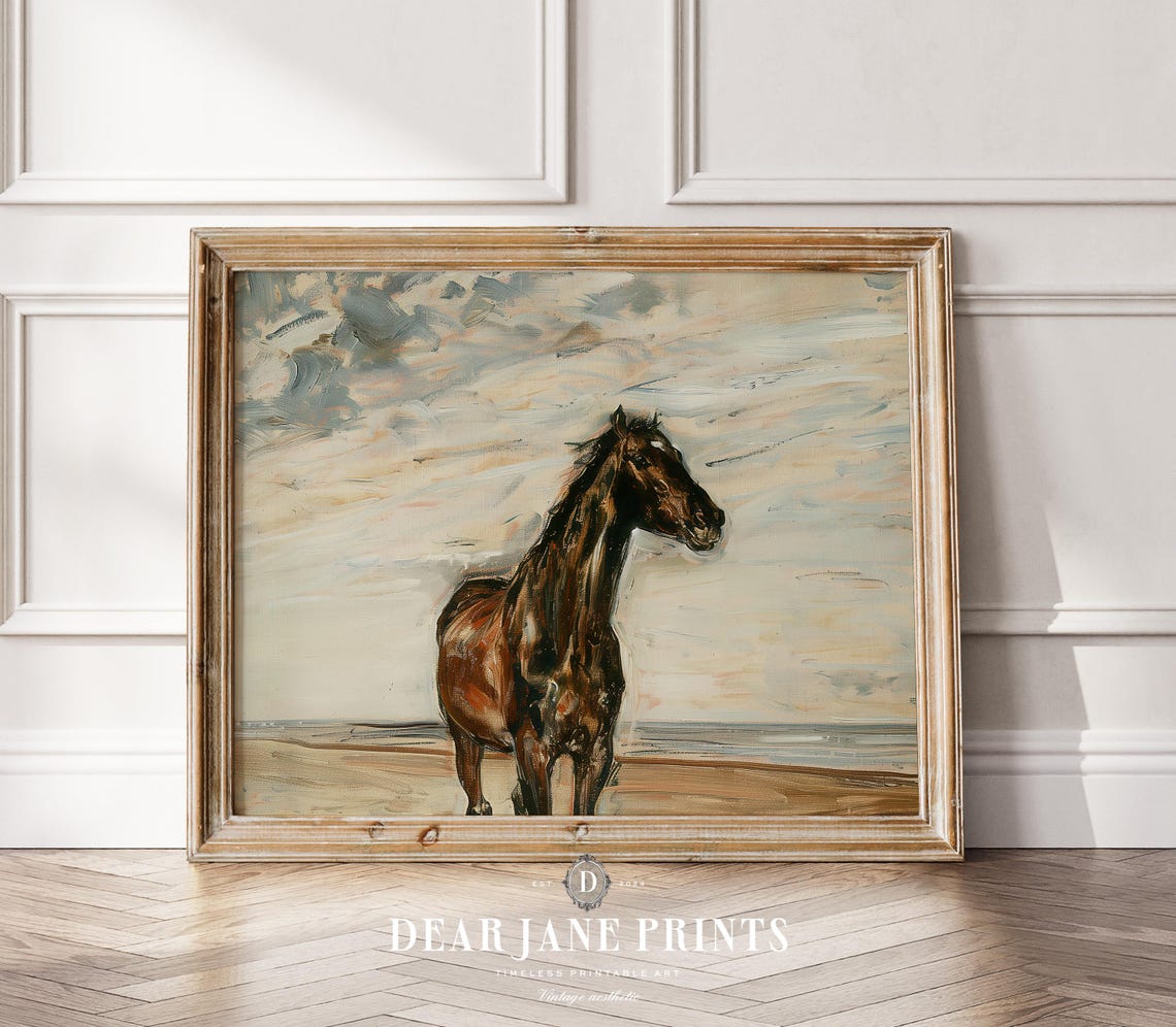 Dark Horse Standing on the Beach Impressionist Coastal Equine Poster - Image 2