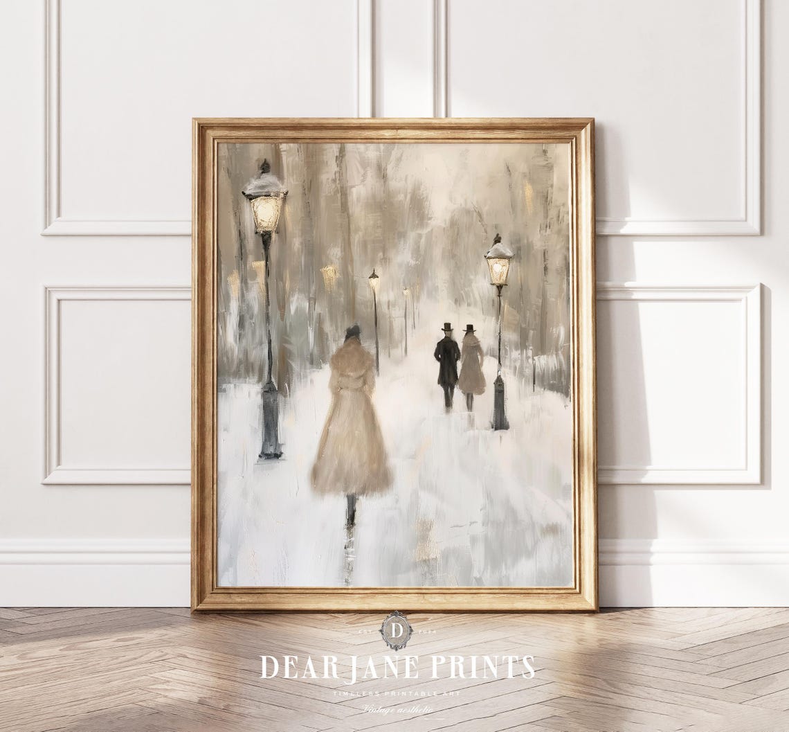 Victorian Figures Walking Along Snowy Lamplit Park Avenue Poster - Image 2