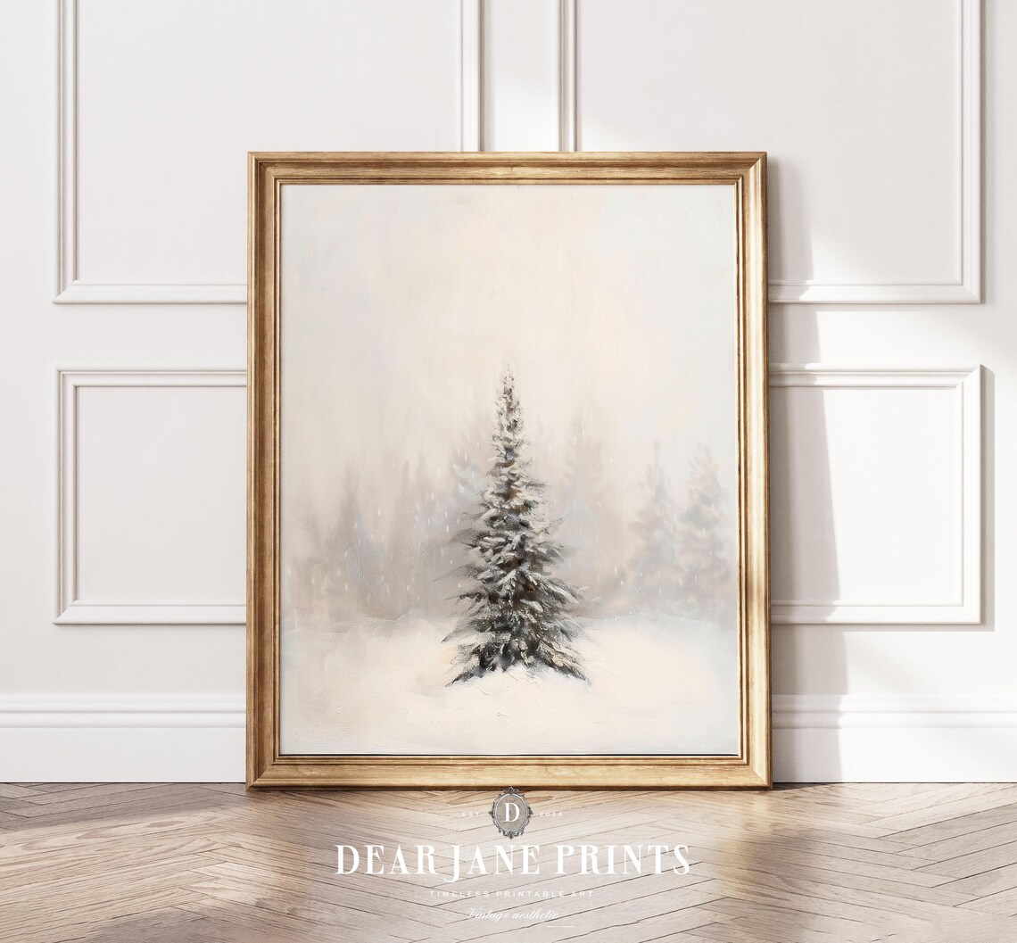 Single Snowy Pine Tree In Foggy White Winter Landscape Poster - Image 2