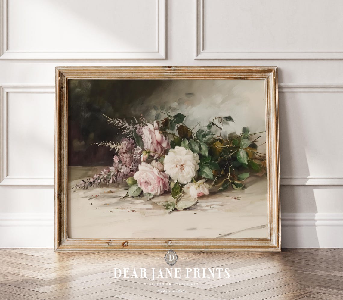 Pink and White Roses with Lilac Sprigs Romantic Vintage Still Poster