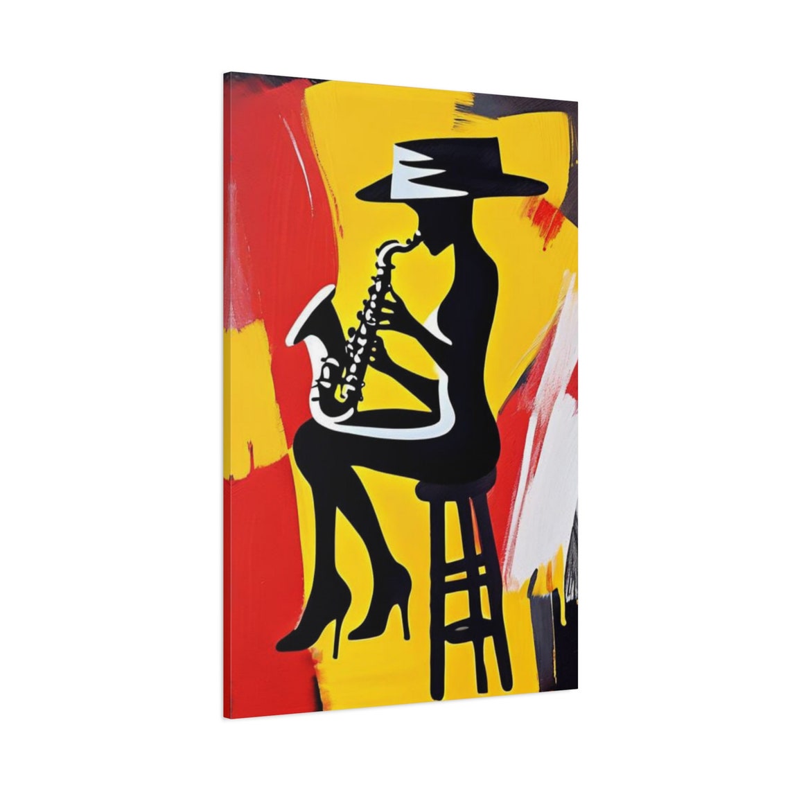 Jazz Saxophone Woman Silhouette Hat Bold Yellow Red Abstract Poster - Image 3