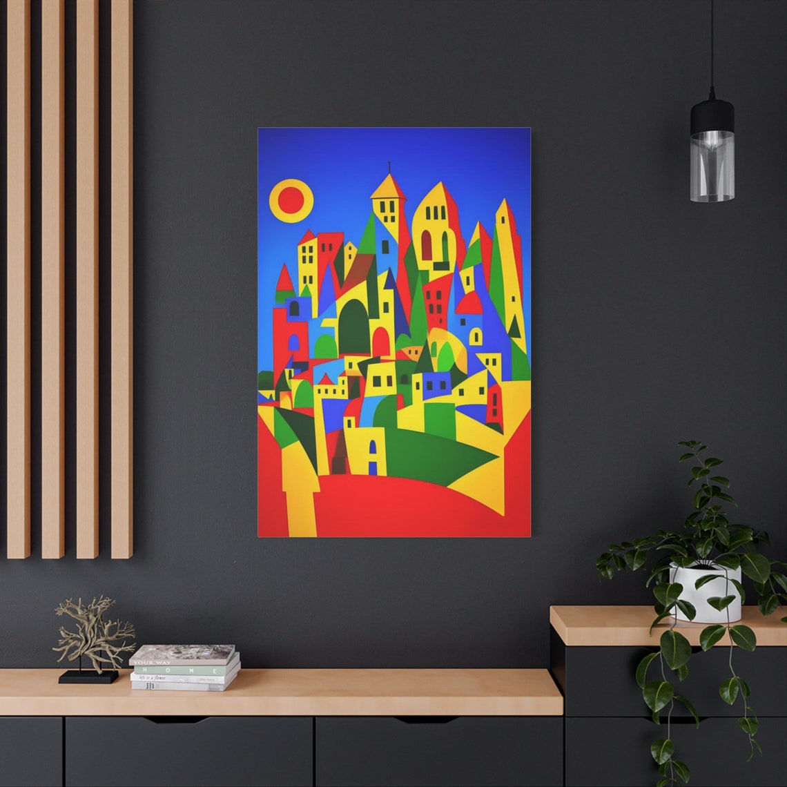 Colorful Geometric Abstract City Buildings Red Sun Art Wall Poster - Image 2