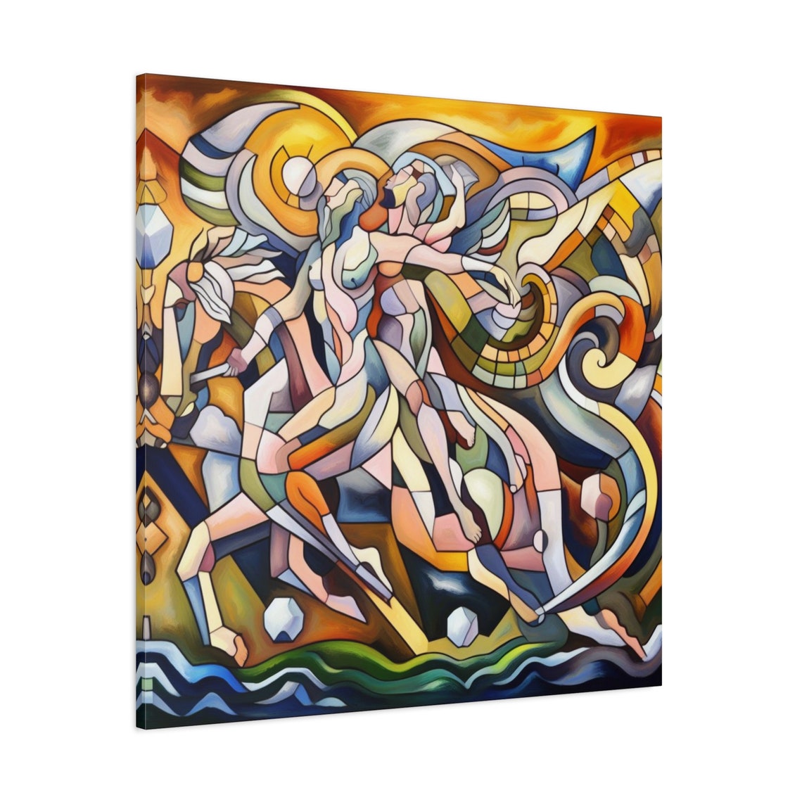 Cubist Mythological Horse Angel Figures Fiery Gold Orange Art Poster