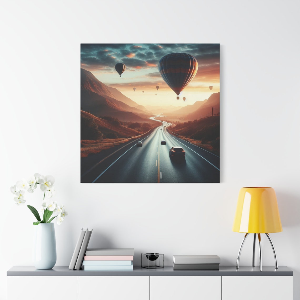 Mountain Road Hot Air Balloon Adventure Scenic Road Painting A Road With Cars And Air Balloons In The Sky Stretched 125 - Image 3