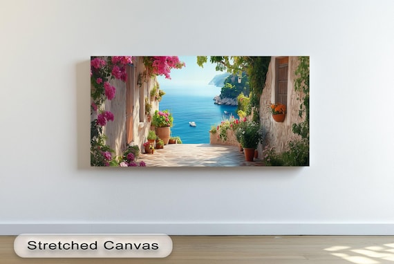 Flower Lined Alleyway to the Sea Boats Stone Houses Coastal Poster