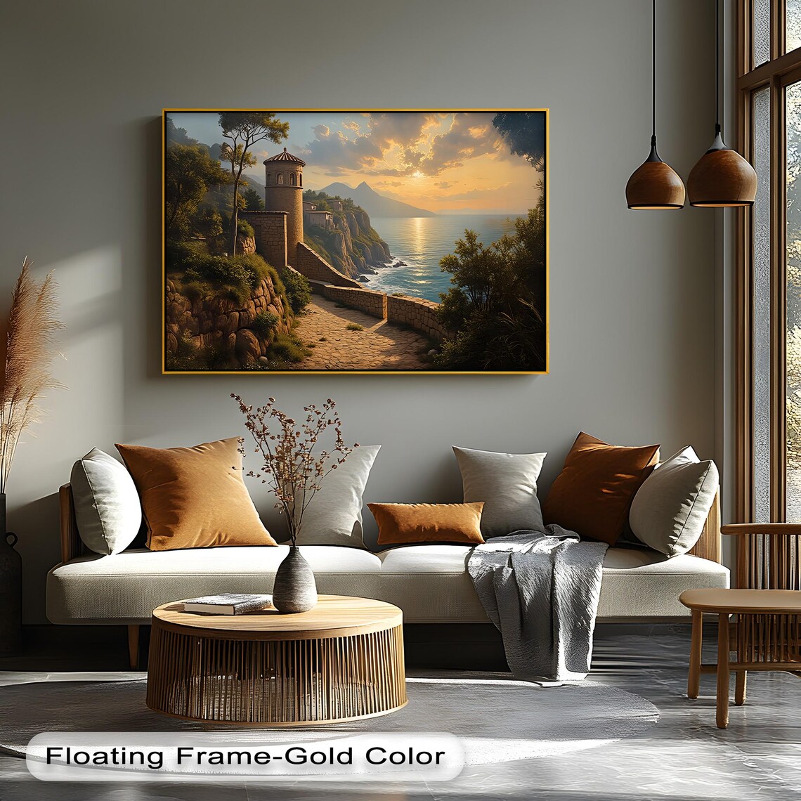 Mediterranean Coastal Sunset Painting Cliffside Tower Over Sea Ocean View Poster
