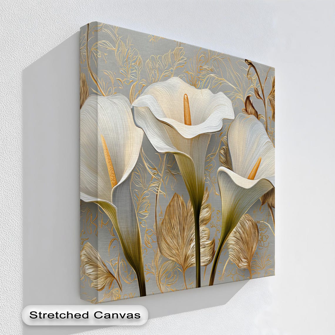 White Calla Lily Golden Fern Grey Floral Elegant Canvas Wall Art