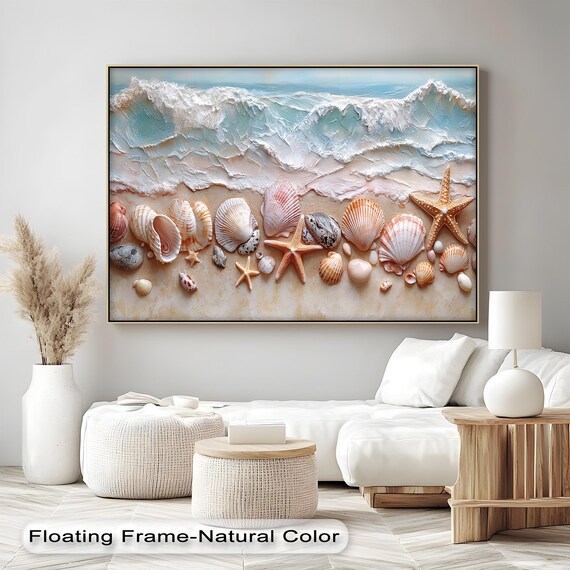 Seashell And Starfish Beach Wall Art Ocean Wave Coastal Canvas Nautical House Decor