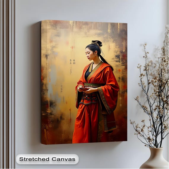 Oriental Woman In Red Robe Canvas Wall Art Silver Framed Prints