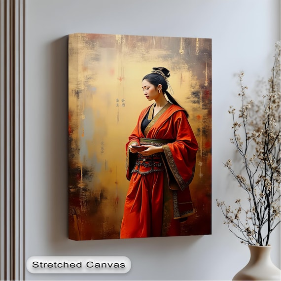 Oriental Woman In Red Robe Traditional Chinese Portrait Art Poster