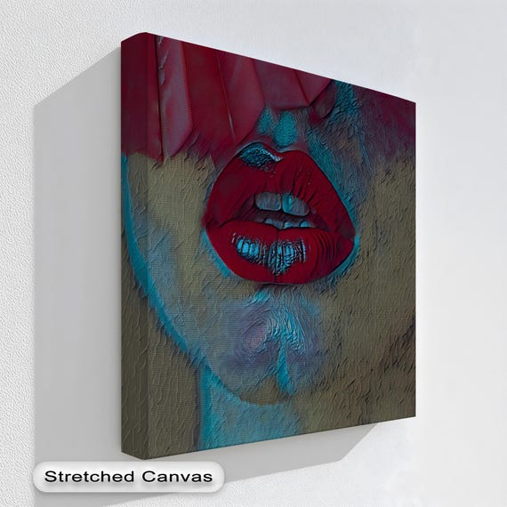 Mystery Red Lips Wall Art Abstract Fashion Canvas Print Bold Closeup Face With Hat Moody Pop For Modern Interiors