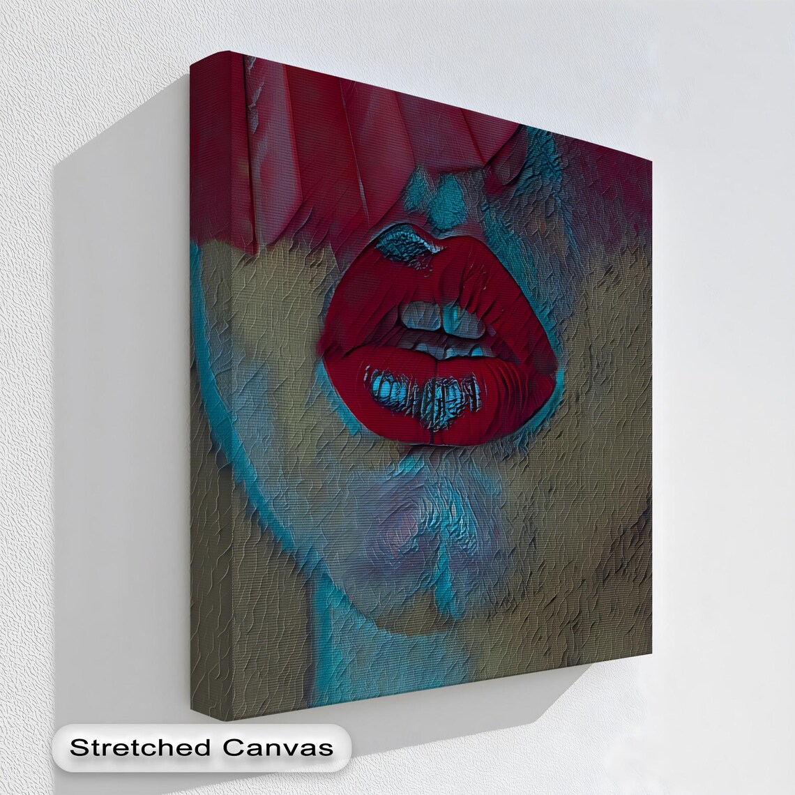 Mystery Red Lips Wall Art Abstract Fashion Canvas Print Bold Closeup Face With Hat Moody Pop For Modern Interiors