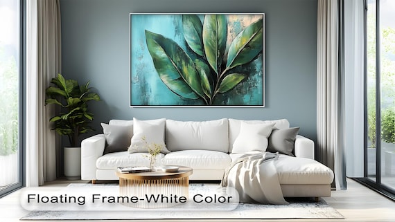 Tropical Green Leaf Canvas Art Textured Botanical Painting Natural Wood Frame