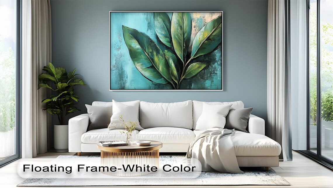 Tropical Green Leaf Canvas Art Textured Botanical Painting Natural Wood Frame