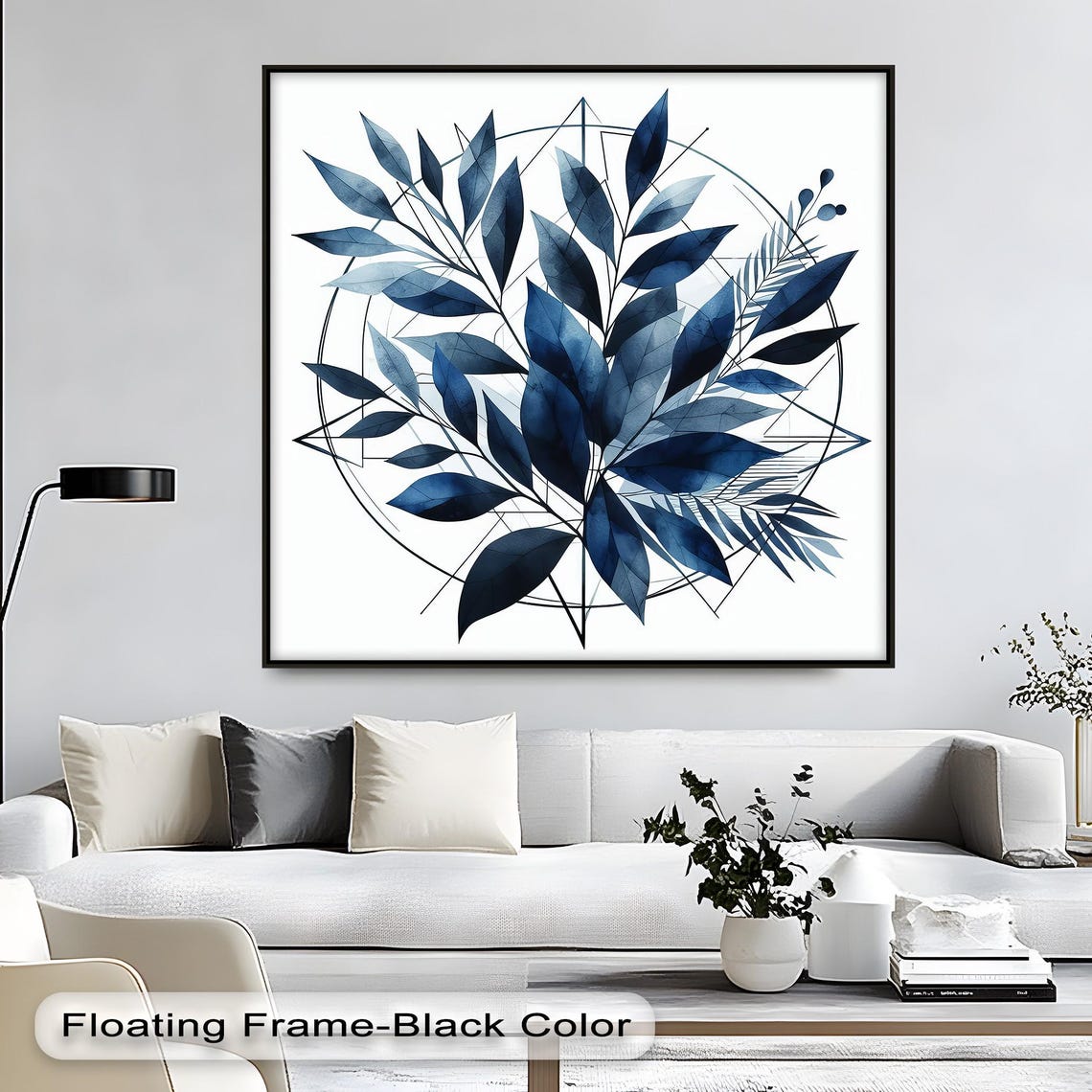 Navy Botanical Canvas Art Minimalist Blue Leaf Print With Floating Frame