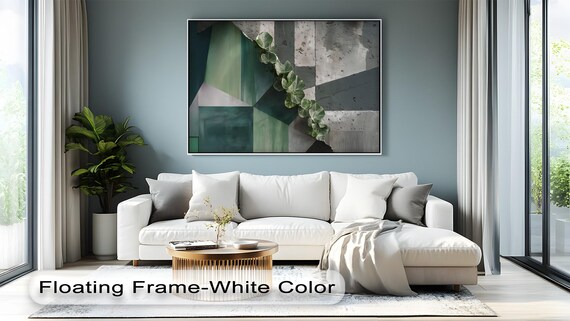 Geometric Green Canvas Wall Art Abstract Botanical Print With Natural Frame