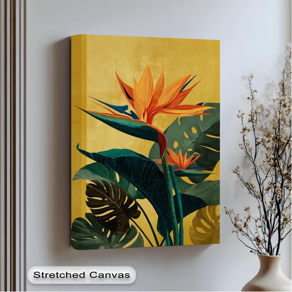 Bird Of Paradise Canvas Print Gold Green Botanical Wall Art In Black Frame