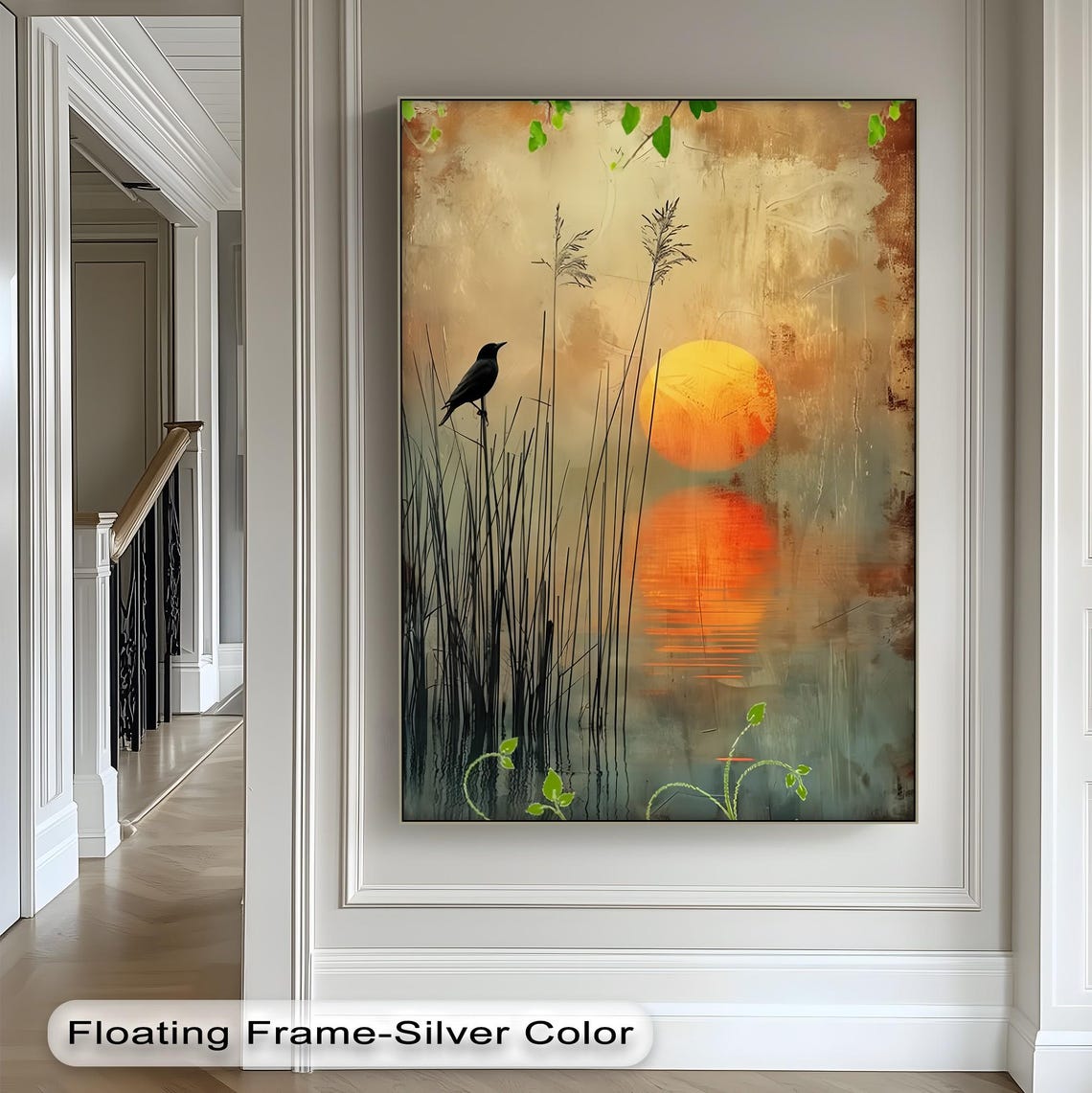 Lone Blackbird At Sunset Reeds Lake Peaceful Nature Wall Art