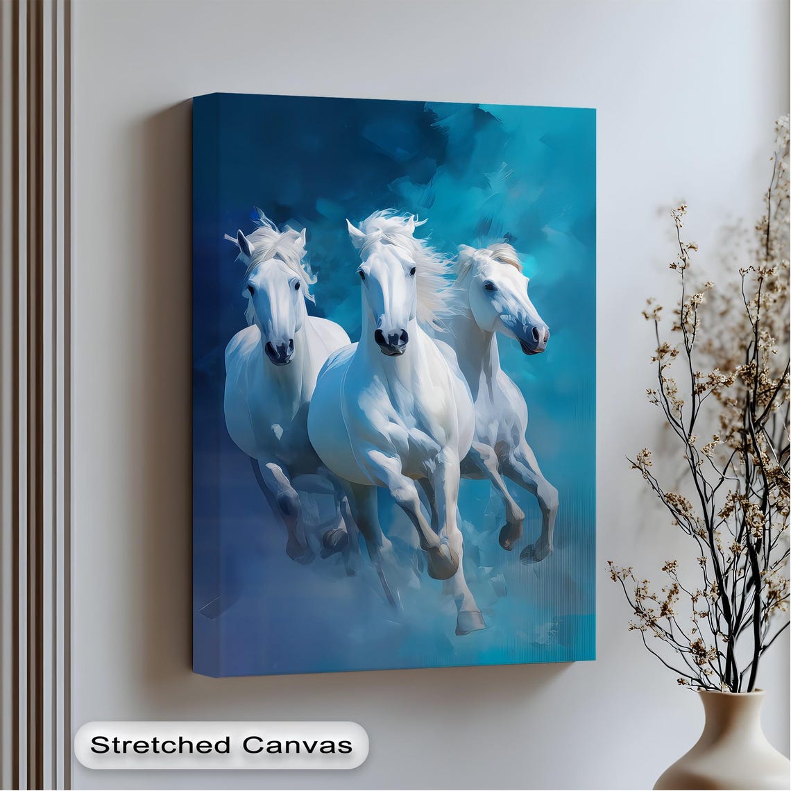 Three White Horses Galloping Blue Abstract Painterly Horse Poster