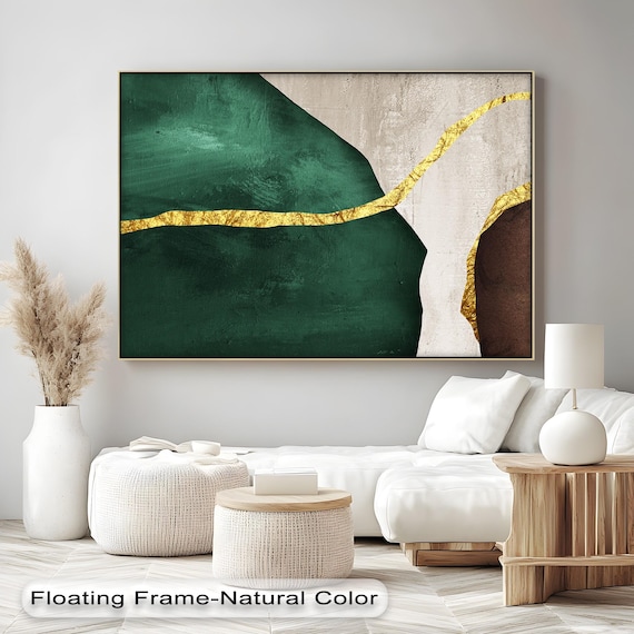 Abstract Green And Gold Canvas Art Modern Natural Wood Frame