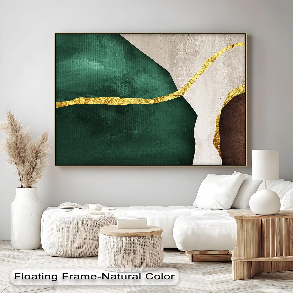 Abstract Green And Gold Canvas Art Modern Natural Wood Frame