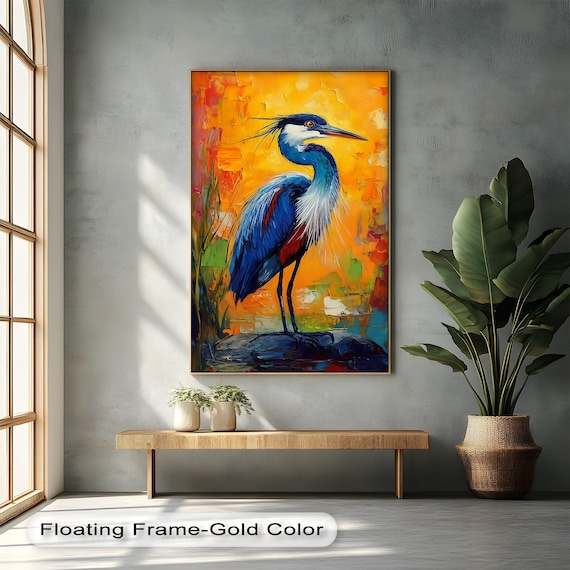 Abstract Heron Canvas Print Vertical Wildlife Art Orange Background