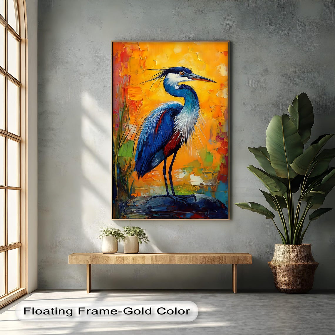 Great Blue Heron Orange Background Bold Wildlife Painting Art Poster