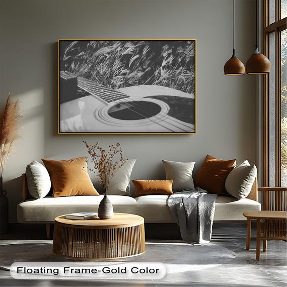 Black White Acoustic Guitar Canvas Art Rustic Music Room Decor
