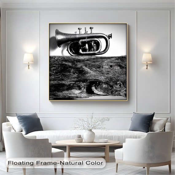 Vintage Trumpet On Weathered Wood Black And White Photography Wall Poster