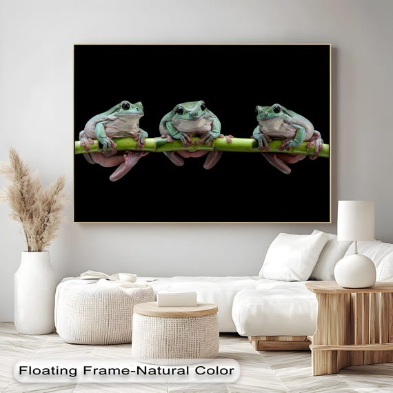 Frog Trio Canvas Print Funny Animal Wall Art With Gold Frame