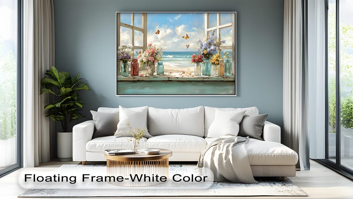 Beach View Through Open Window With Flower Vases Coastal Art Poster