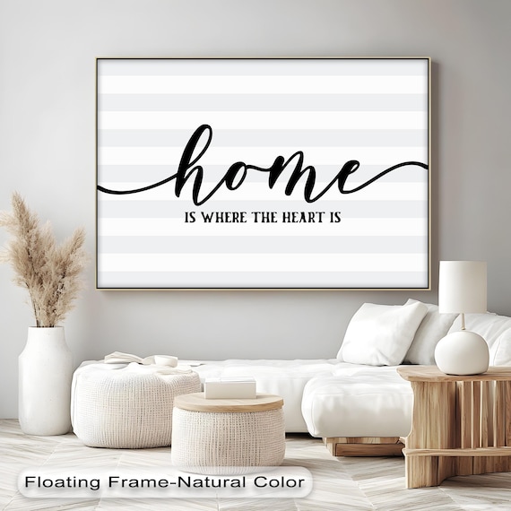 Home Is Where The Heart Is Script Gray Striped Quote Wall Art