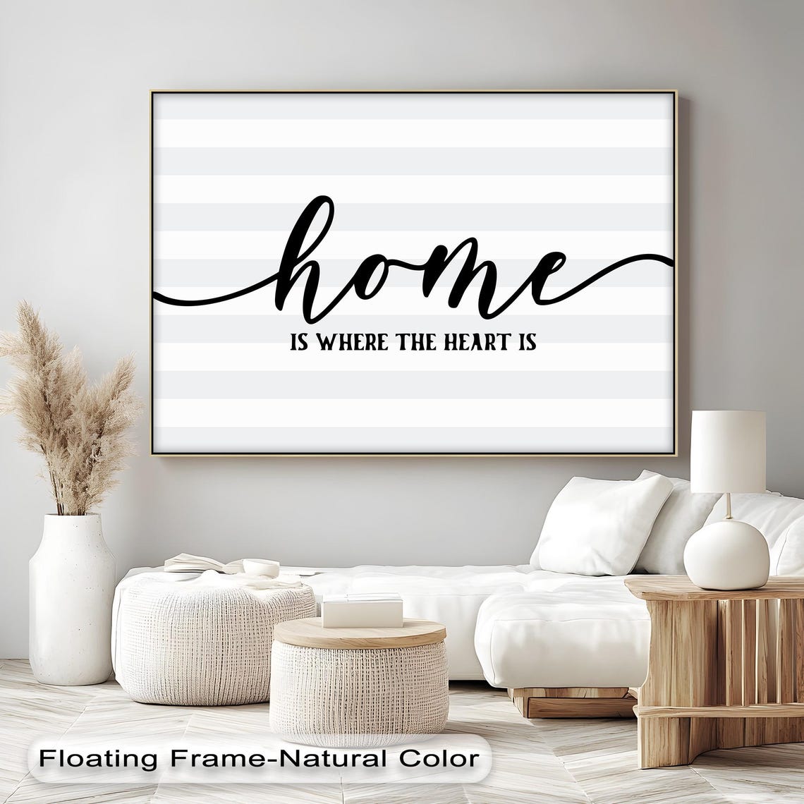 Home Is Where The Heart Is Script Gray Striped Quote Wall Art