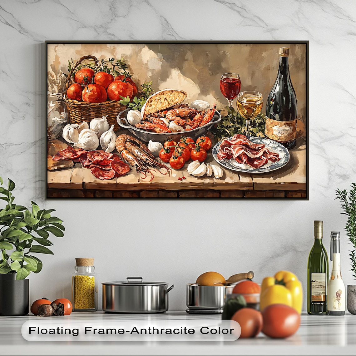 Italian Feast Still Life Oil Painting Tomatoes Wine Shrimp Wall Art