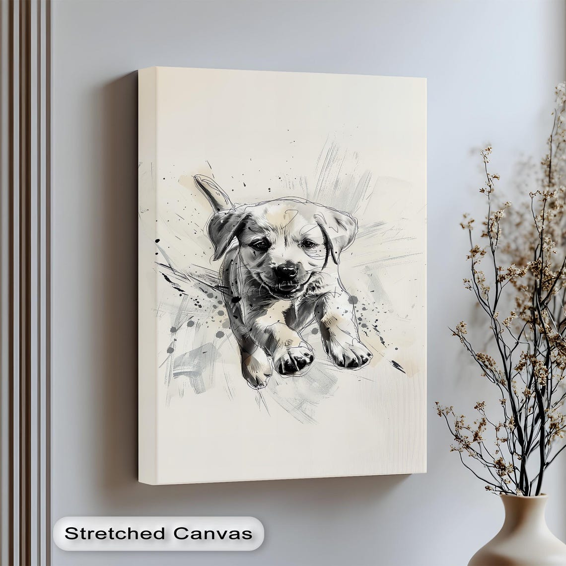 Black White Puppy Art Energetic Dog Illustration Playroom Decor