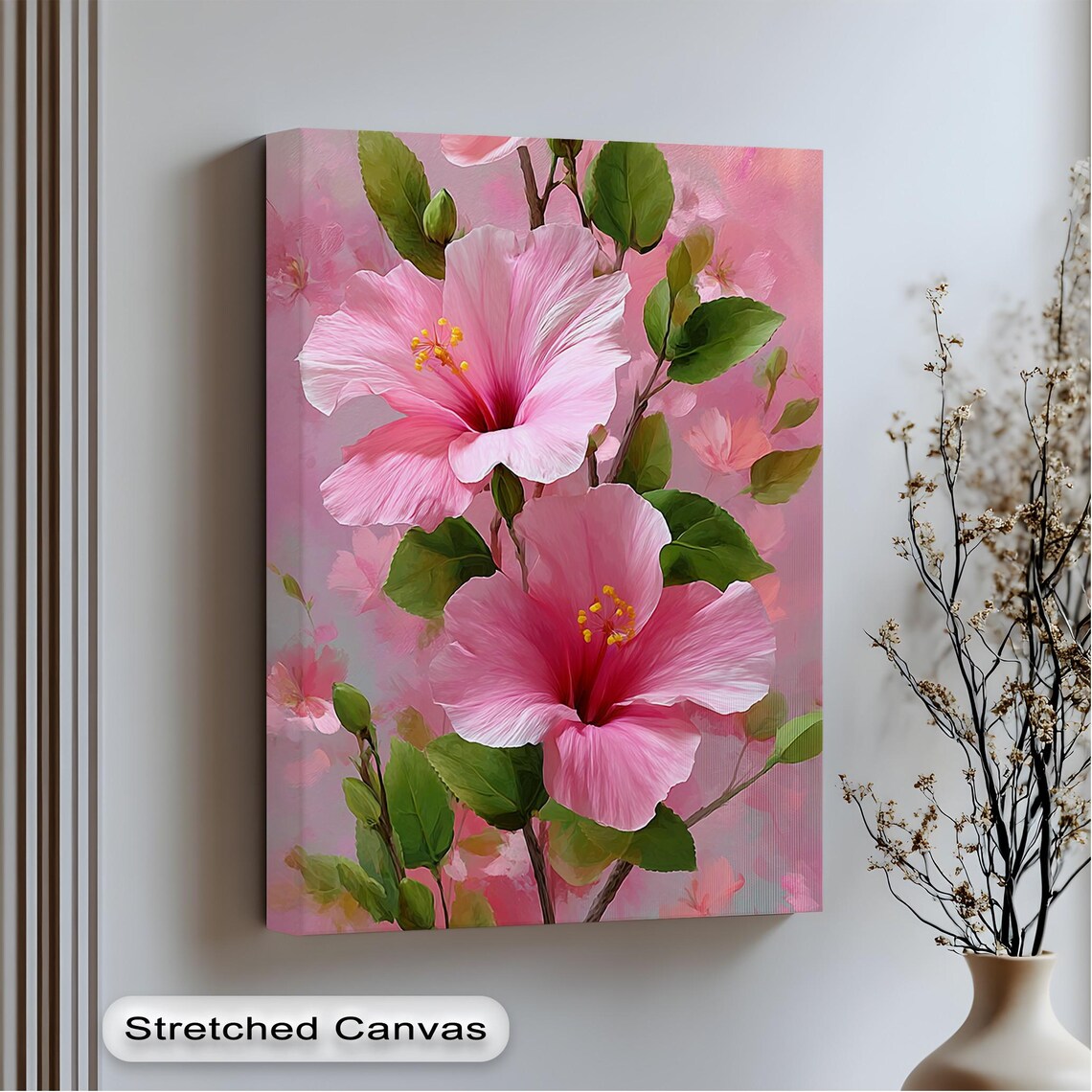 Pink Hibiscus Flower Canvas Art Botanical Print With Gold Frame