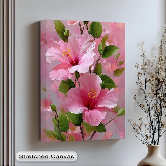 Pink Hibiscus Flower Canvas Art Botanical Print With Gold Frame