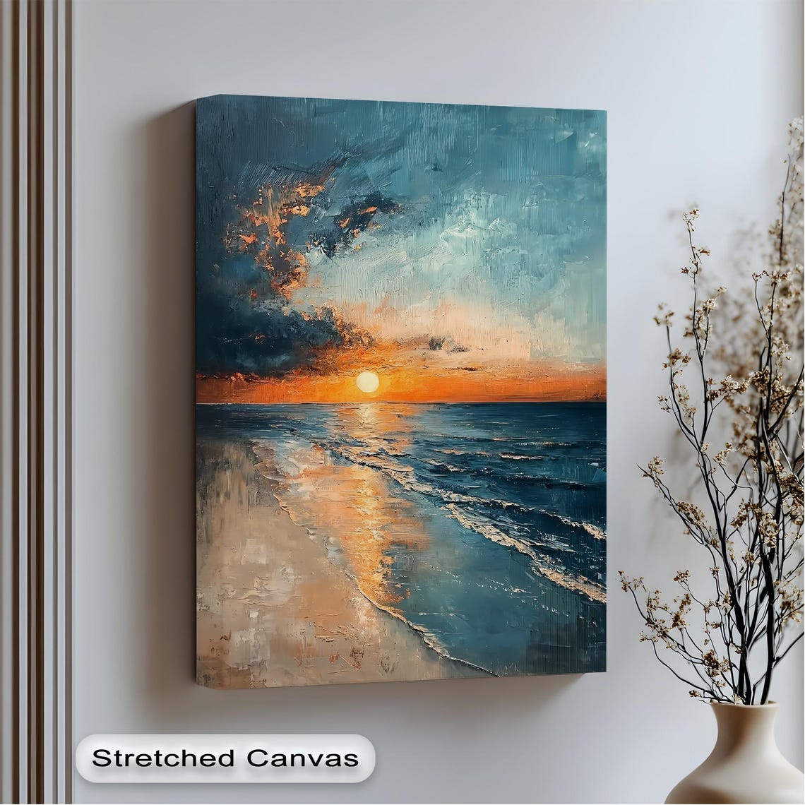 Golden Ocean Sunset Over Waves Textured Oil Painting Vertical Print