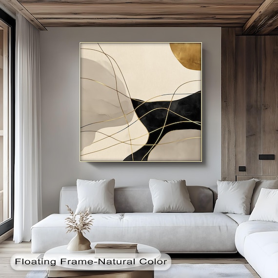 Black And Gold Abstract Canvas Art Modern Minimalist Floating Frame