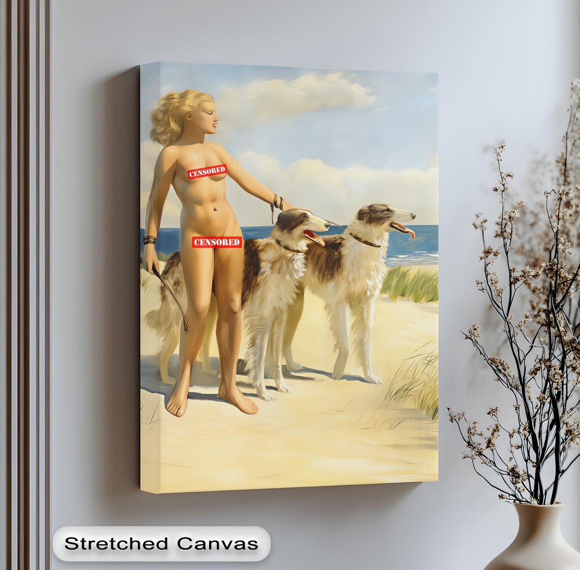 Vintage Nude Woman With Two Borzoi Dogs Beach Scene Art Print