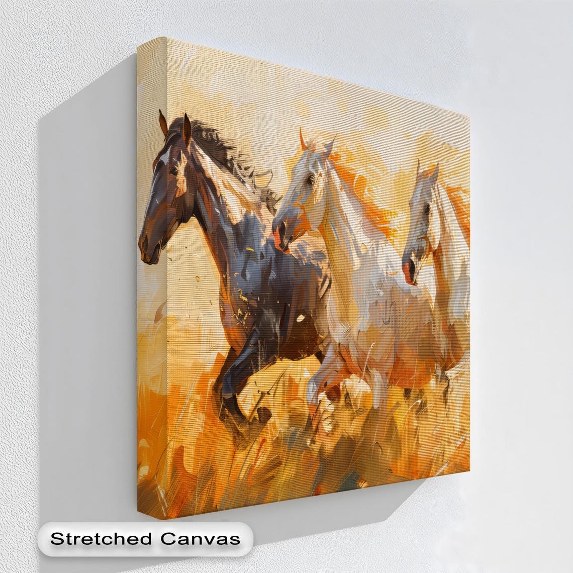 Running Horses Golden Sunset Field Warm Impressionist Art Poster