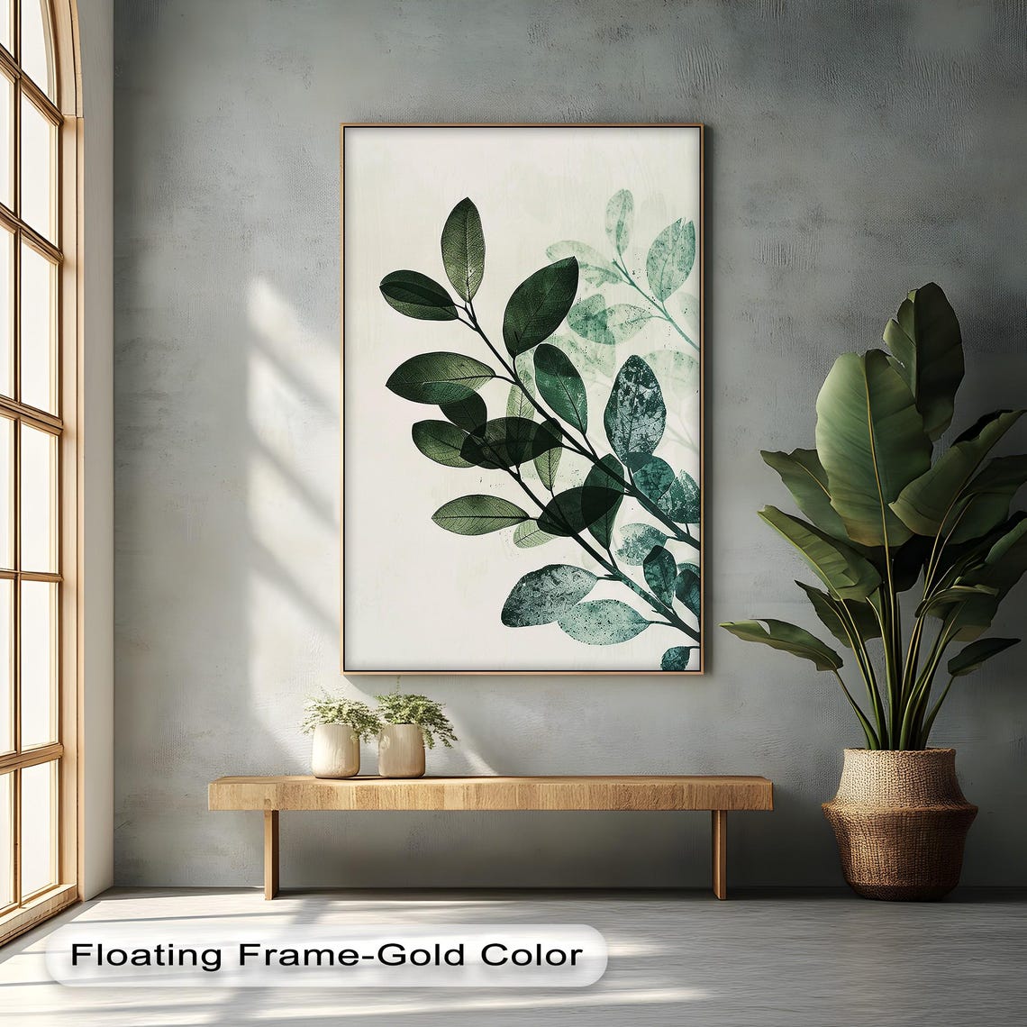 Green Leaf Botanical Wall Art Gold Floating Frame Canvas Print