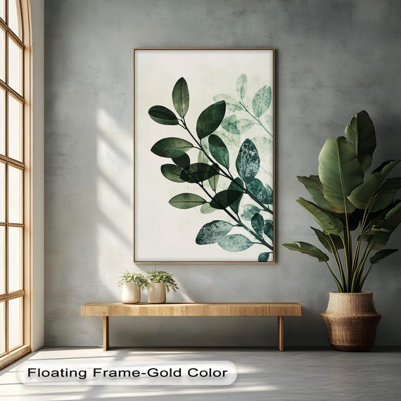 Green Leaf Botanical Wall Art Gold Floating Frame Canvas Print