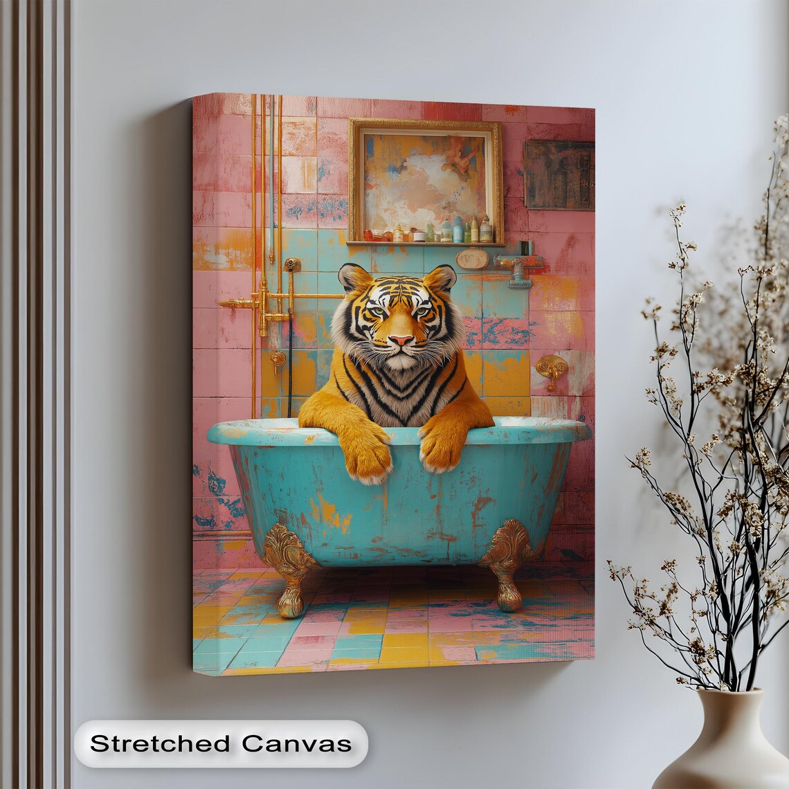 Tiger In Bathtub, Quirky Boho Bathroom Art Print