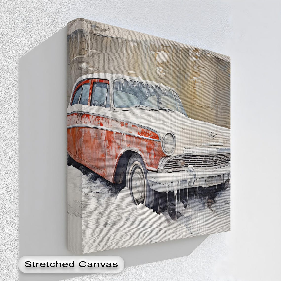 Vintage Red Car In Snow Print With Cozy Winter Scene Classic Decor