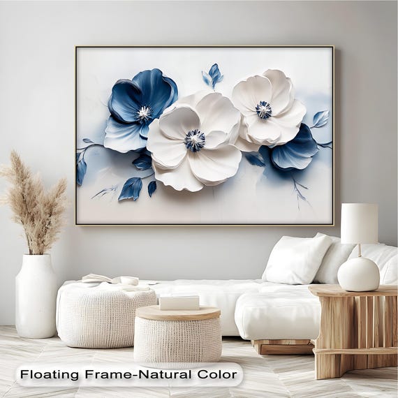 Navy White Floral Canvas Art Modern Botanical With Black Frame
